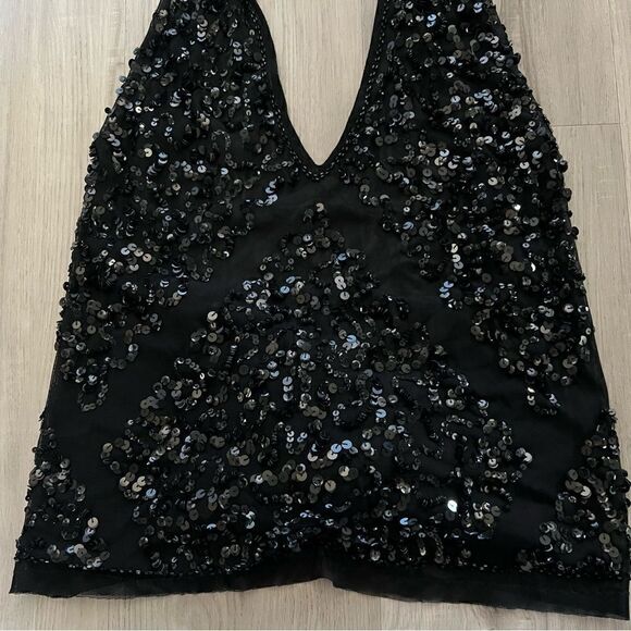 NWT Marciano by Guess black sequinned v neck tie back halter top sz L - Picture 1 of 16